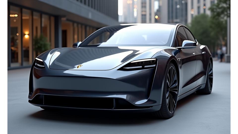 Sleek electric sedan parked dynamically